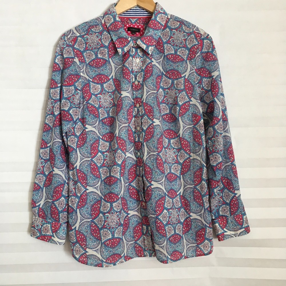 Talbots Womens Button Down Blouse Top Size L 100 Cotton Long Sleeve Multicolor